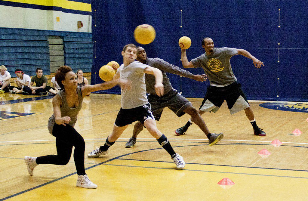Dodgeball game action with multiple players