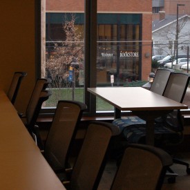 The university bookstore can be seen from this second floor classroom