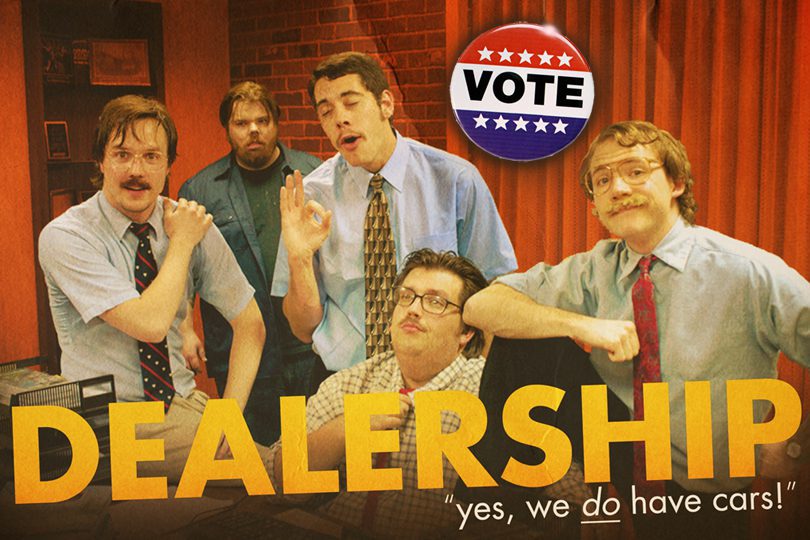 Retro-style office group posing comically