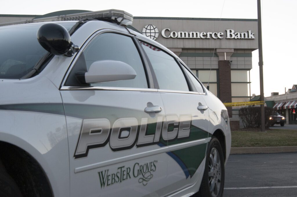 Webster Groves police vehicle at bank