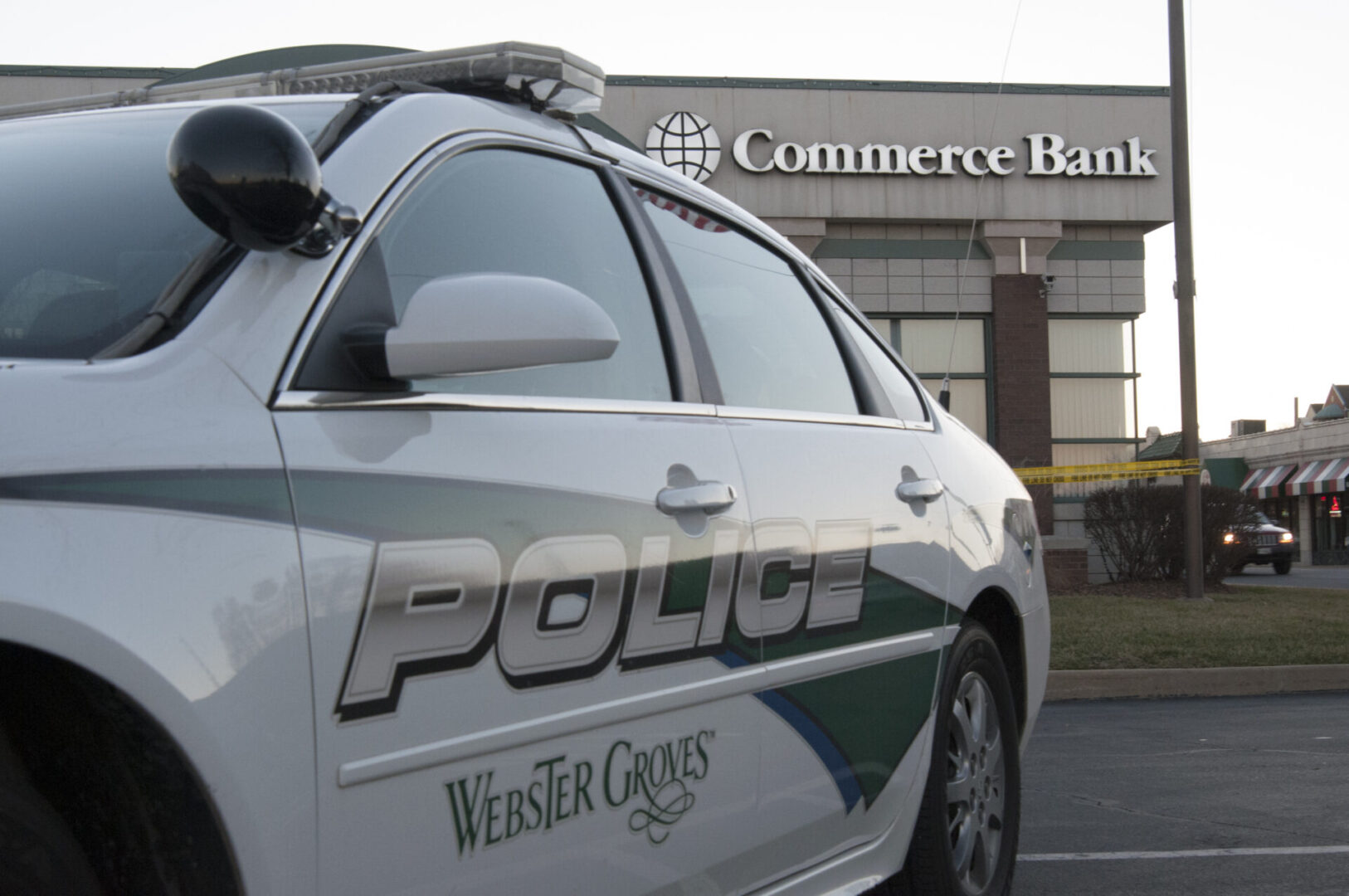 Webster Groves police vehicle at bank