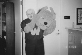 Photo Contributed by Webster Athletics Sue McClintock served a variety of roles in her time at Webster University Athletics. She even wore the Gorlok mascot costume on occasion. 
