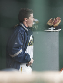 Dylan Dean Smith leads Webster University’s pitchers with 5 wins and a 1.88 ERA. Smith takes in a game from the dugout, his vantage point for most of Webster’s 2012 season. PHOTO BY HOLLY SWAN/The Journal
