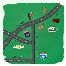 Illustrated map with roads and food icons