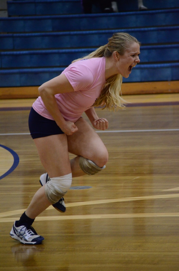Jenny Howard celebrates a point in Webster’s win over MacMurray on Oct. 14. PHOTO BY JORDAN PALMER/THE JOURNAL