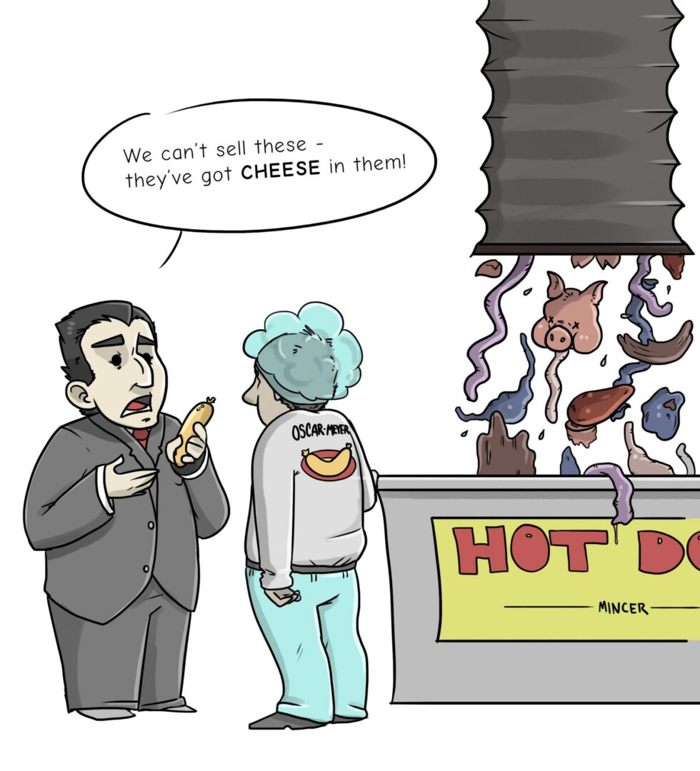 Man holding hot dog, discussing cheese issue.