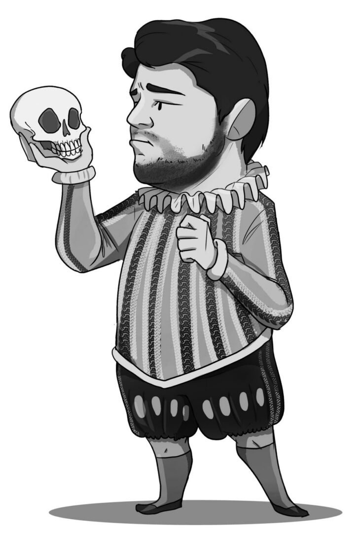Cartoon man holding a skull