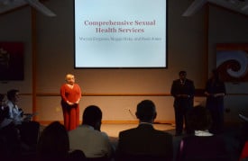 Student presenters Maggie Hake and Warren Ferguson prepare to discuss Webster's sexual health services. / photo by Kristen Pruser