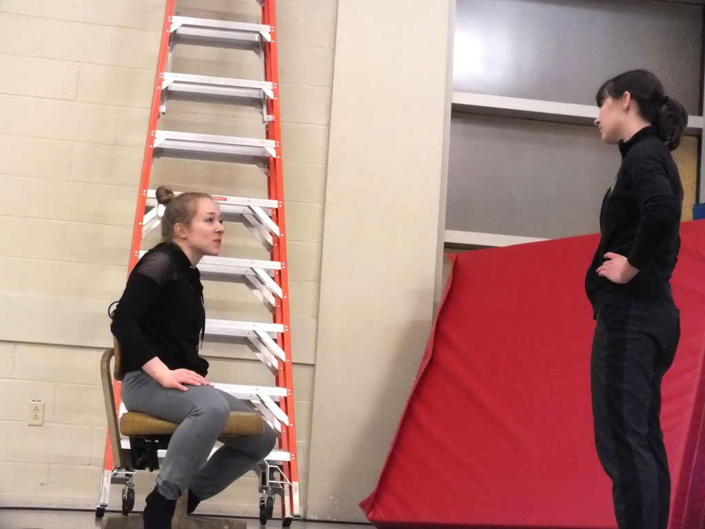 Webster dance major Melanie Harvengt (left) goes over moves with student Tayler Kinner (right) during a rehearsal of “The Living Space,” which will run at the Kranzberg Arts Center for two nights. MORIAH BOYCE / The Journal
