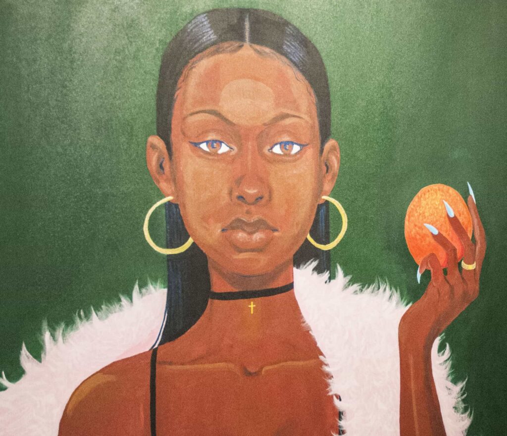Portrait of woman with hoop earrings.