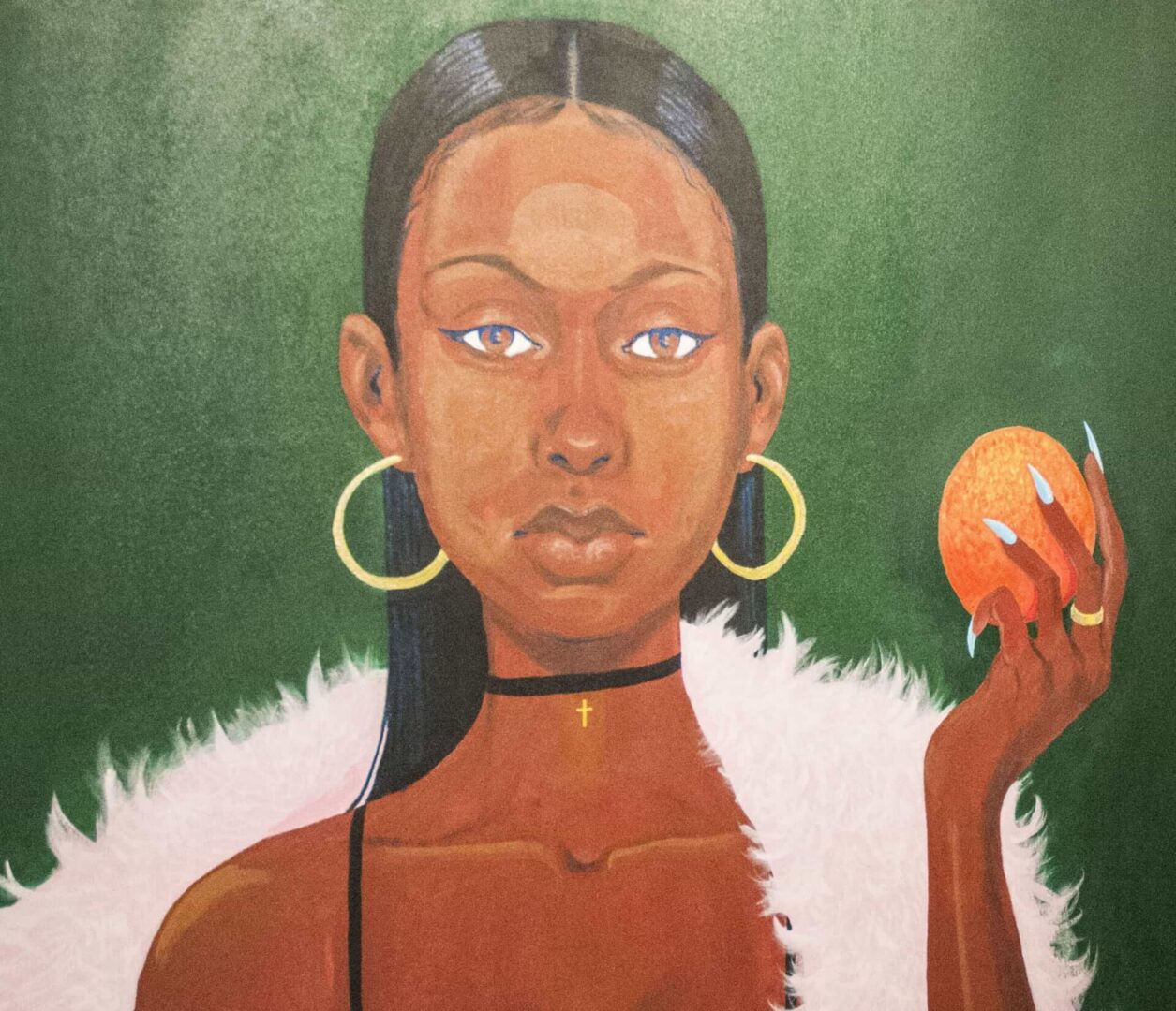 Portrait of woman with hoop earrings.