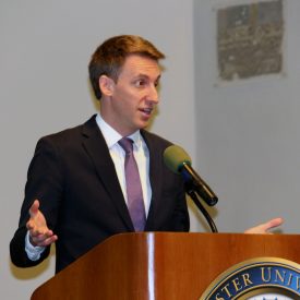 Senate candidate Jason Kander speaks to Webster students in the Winnifred Moore Auditorium. | BRIAN RUTH / The Journal