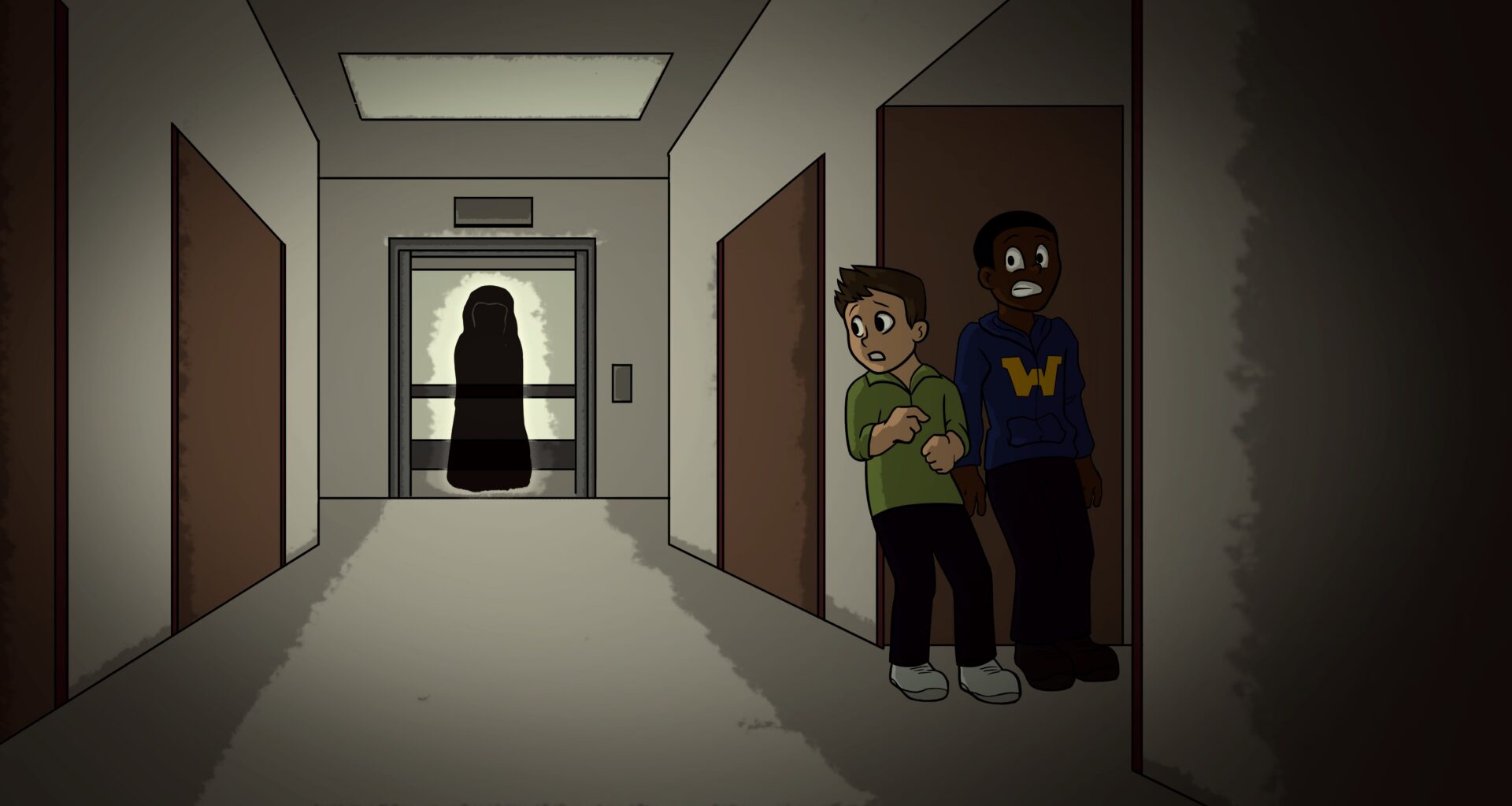 Boys scared in eerie hallway