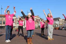Webster students in Leiden began a flash mob as a part of the “One Billion Rising” campaign. / Photo by Brian Ruth