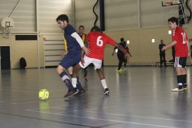 Leiden midfielder Matheus Fronseca (left) wards off a Geneva “Team 2” defender during the final match of the 2017 Webster international soccer tournament. Leiden defeated Geneva “Team 2” 2-0 to win the tournament on Apr. 8. Photo: Brian Ruth
