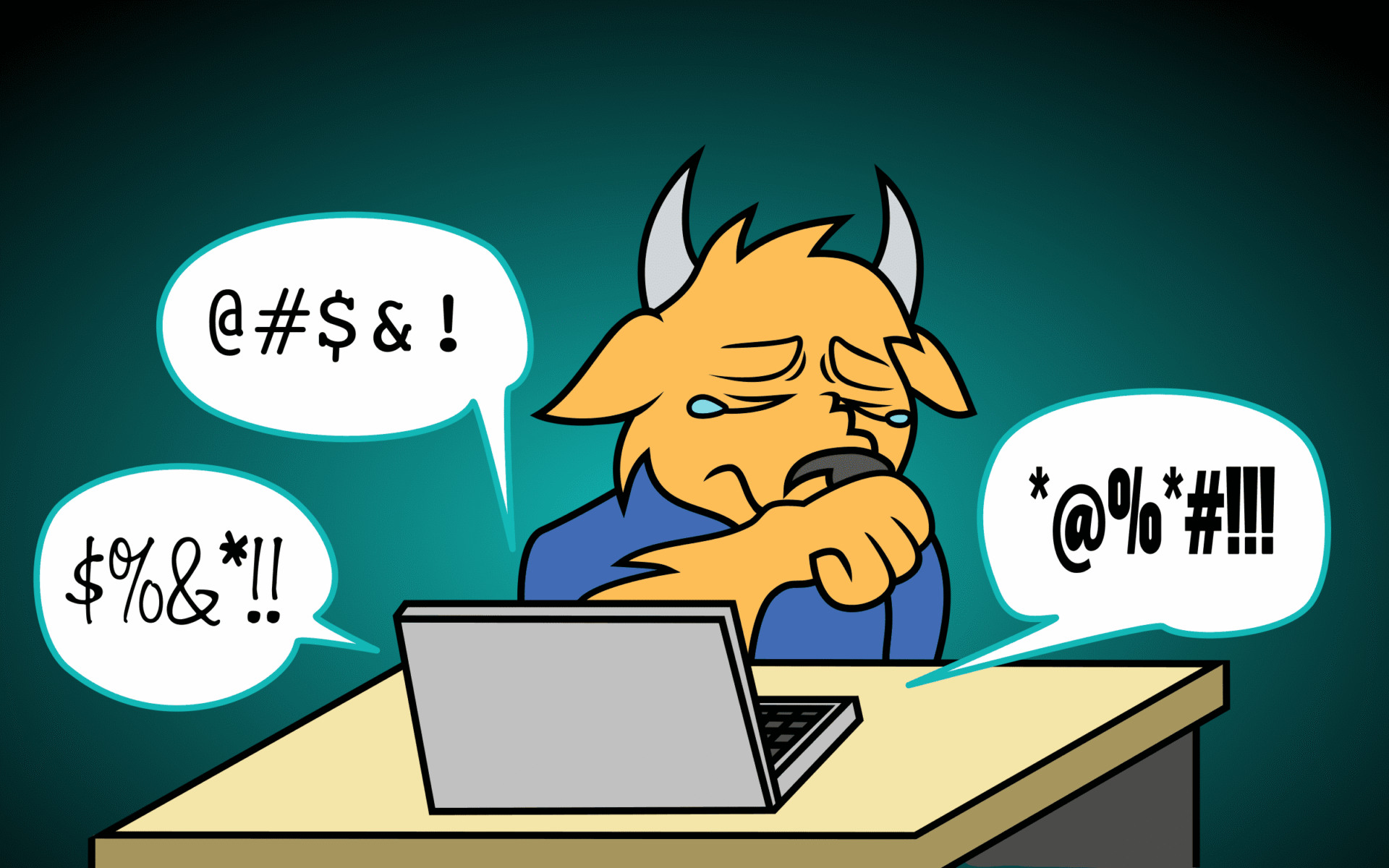 Frustrated cartoon character at laptop