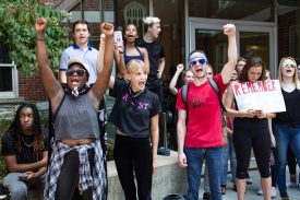 Webster students gather outside of President Stroble's office to state their list of demands. PC: Sara Bannoura