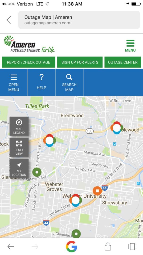 Mobile screen displaying utility outage map.