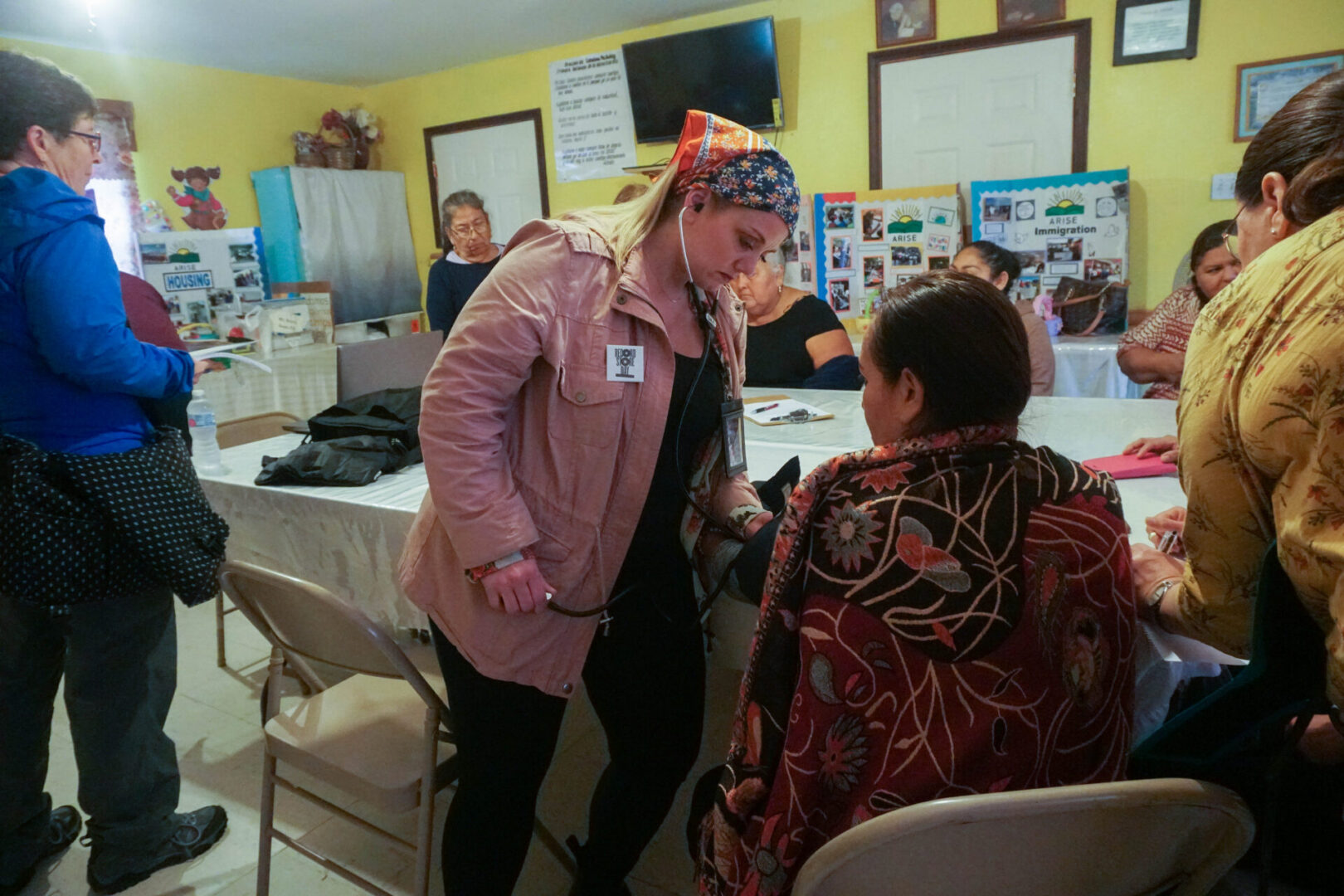 Community meeting in a colorful room