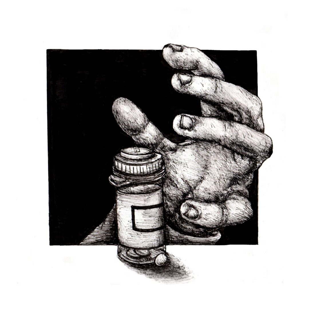 Sketch of hand and medication bottle