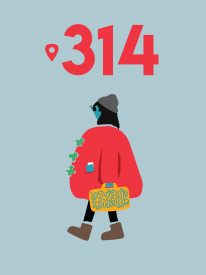Traveler in red coat walking beneath "314