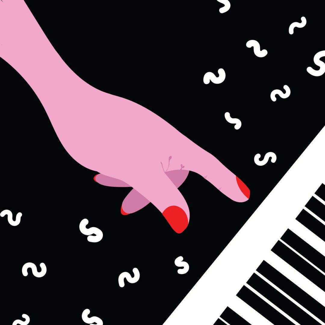 Pink hand pointing at piano keys
