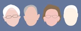 Four faceless senior head silhouettes on blue
