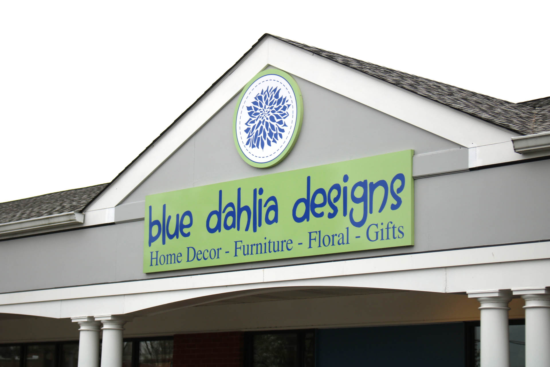 Storefront sign of Blue Dahlia Designs