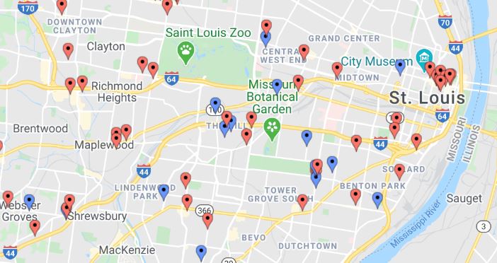 Map of St. Louis with location pins