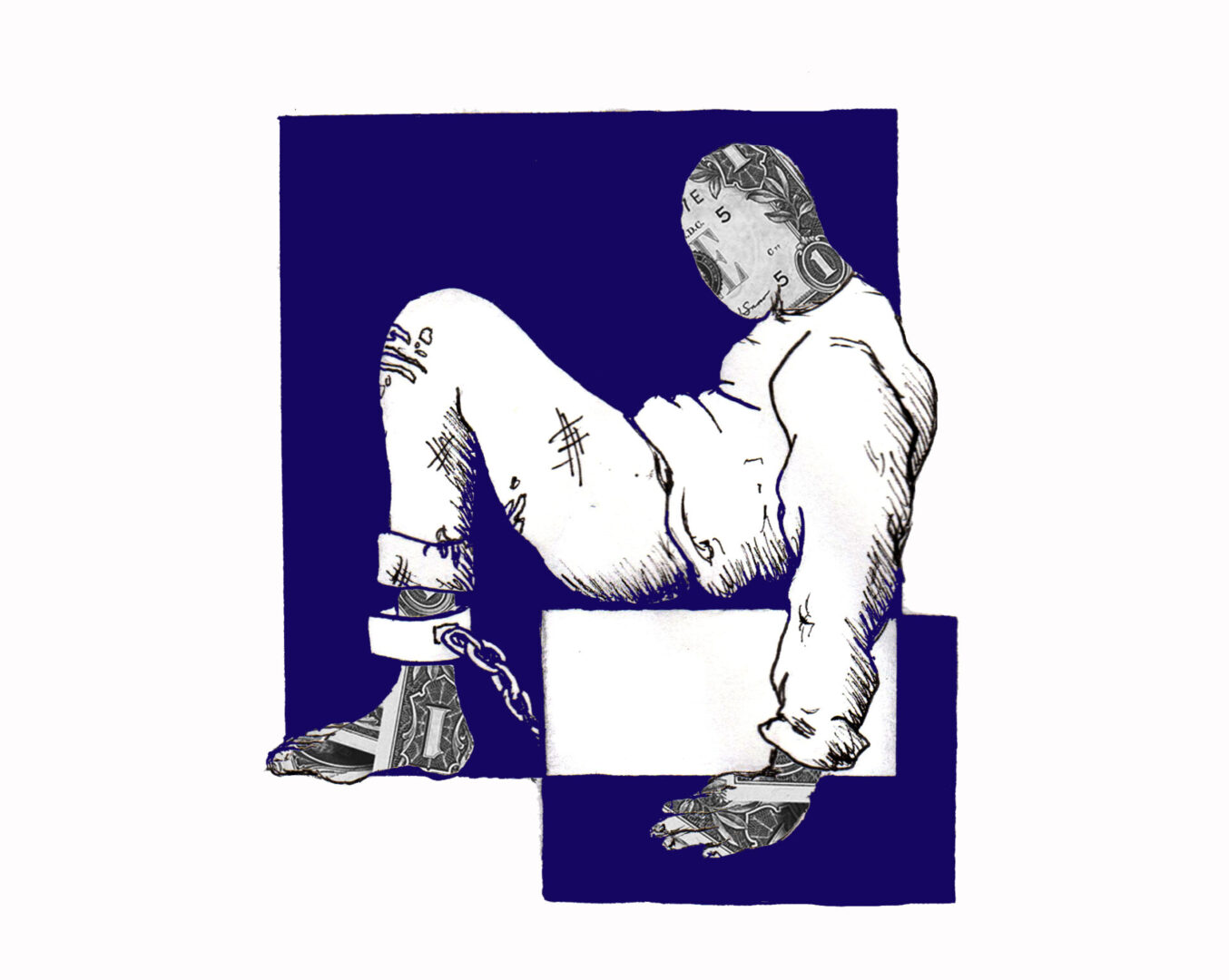 Bound figure with tattoos and chains