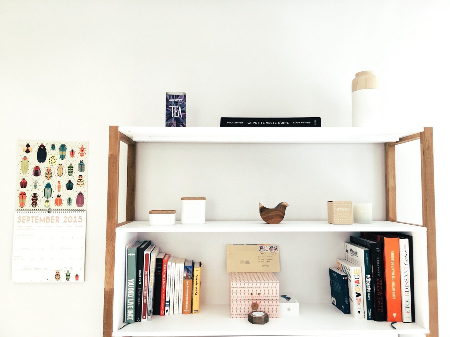 Simple decor on wooden bookshelf