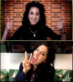Two women posing with joyful expressions