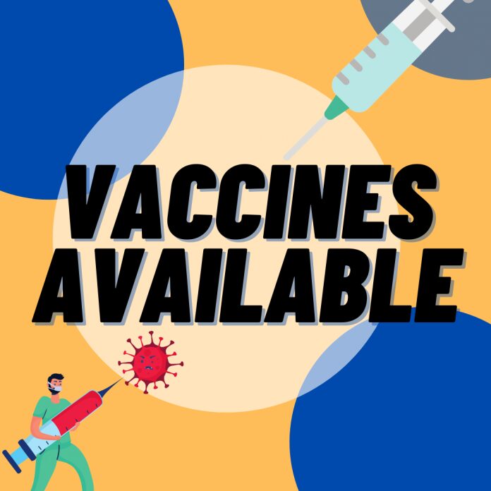 Vaccine availability notice with doctor illustration.