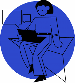 Person sitting with tablet and speech bubbles
