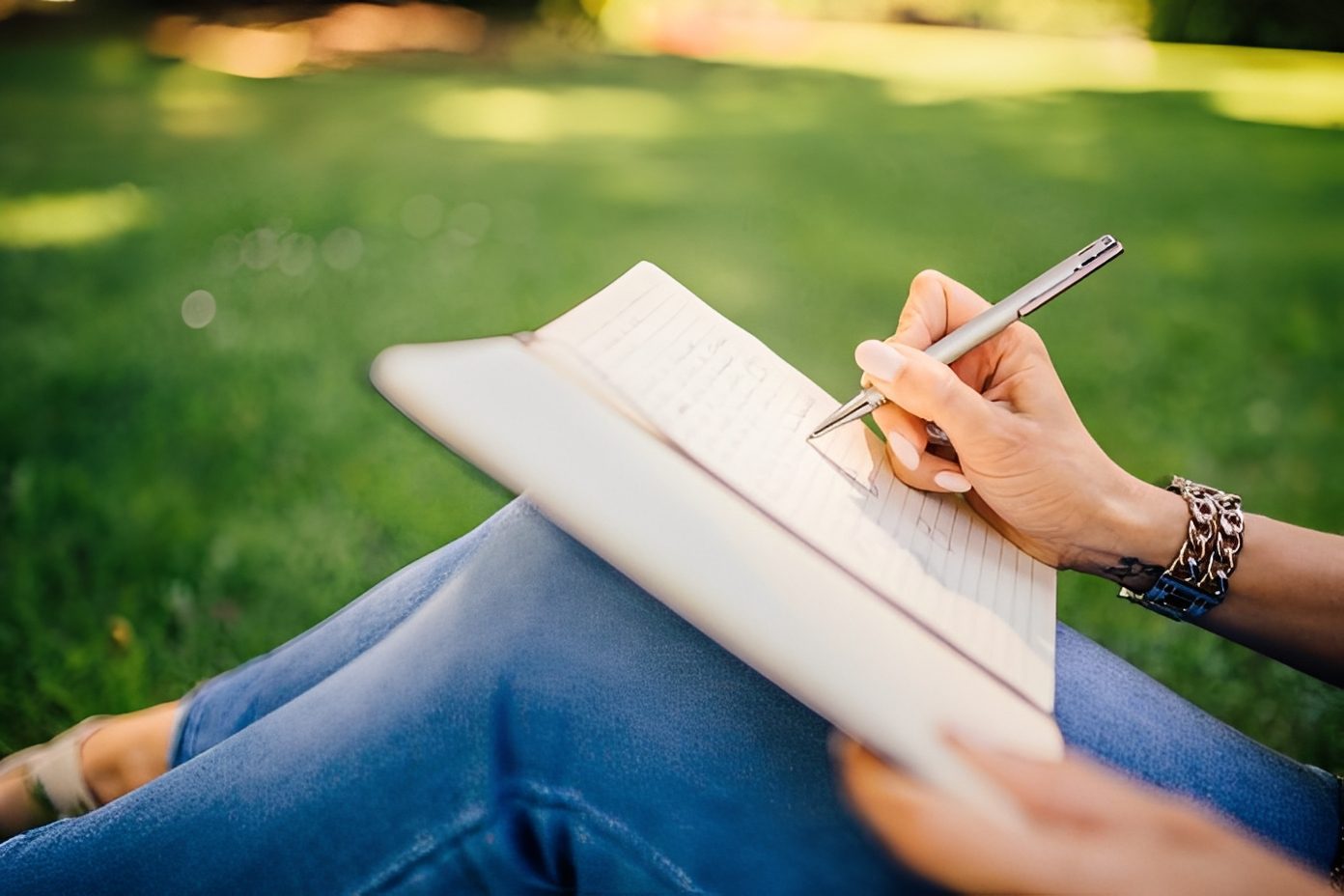 Handwriting notes in a park setting