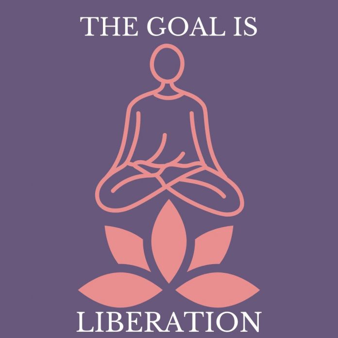 Meditation pose with liberation message