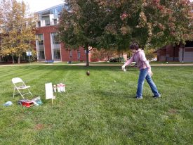 Throwing ball at wooden pins