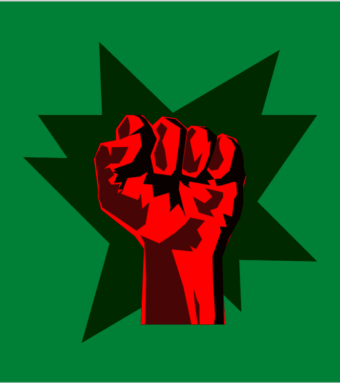 Raised fist with starburst design
