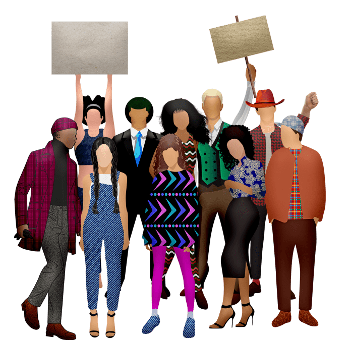 Diverse group of people holding signs
