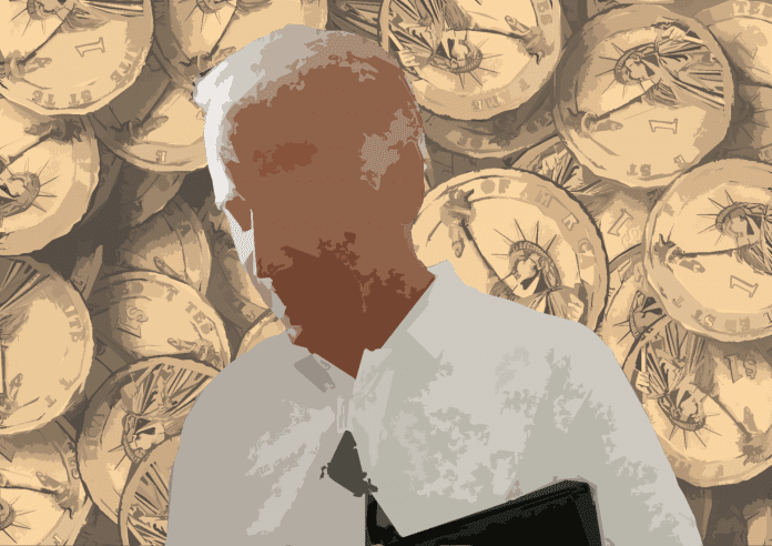 Man in front of clock background