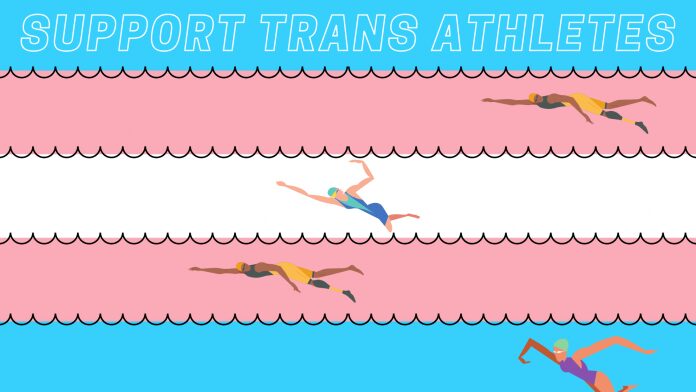 Support trans athletes banner with swimmers
