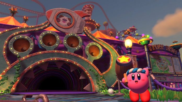 Pink character outside colorful amusement park entrance