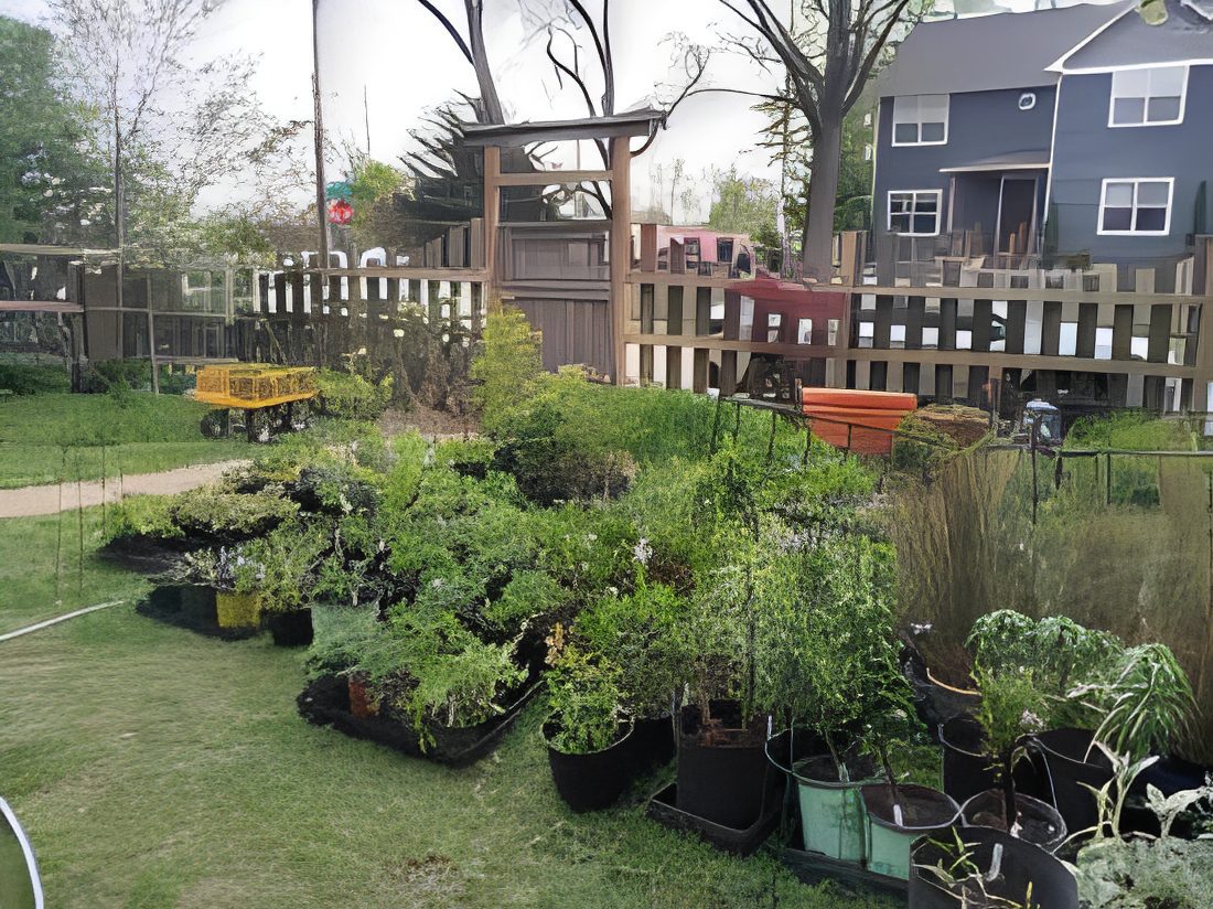 Plants in pots by wooden fence