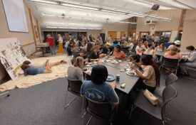 Group dining and socializing indoors