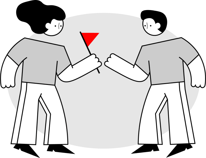 Characters holding a red warning flag.