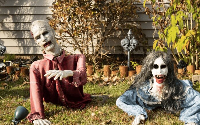 Spooky zombie props in garden