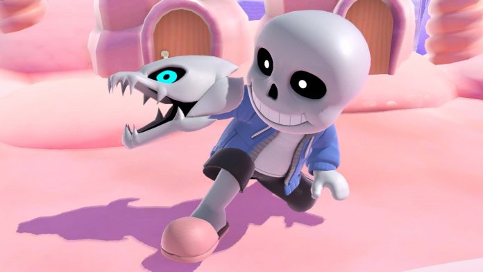 Smiling skeleton on pink background