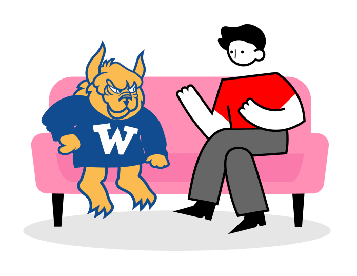 Friendly chat between mascot and person