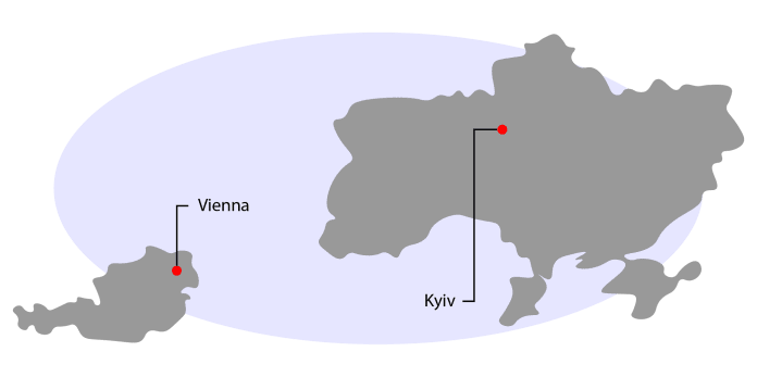 Austria and Ukraine map with capitals labeled.