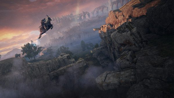 Fantasy landscape with warrior on horseback